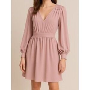 NEW H&M sz L Womens Pink Sheer Lined Baloon Sleeve Belted VNeck Dress Evening